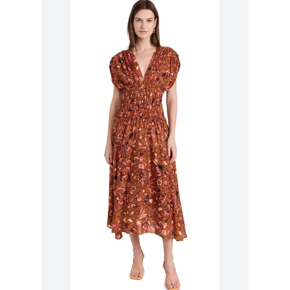 A.L.C.‎ Lucia Floral Smocked Midi Dress Size 6 NWT Burnt Orange